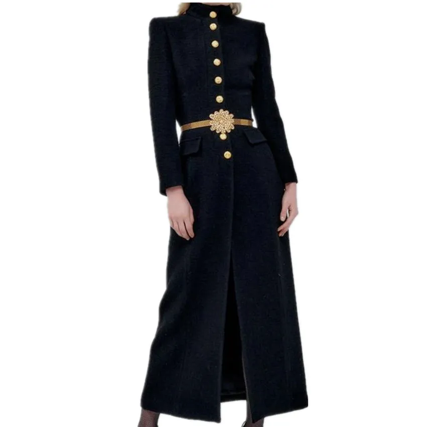 

New Winter Stand Collar OL X-long Woolen Overcoat Women Fashion Single Breasted High Waist Slim Wool Blends Coat