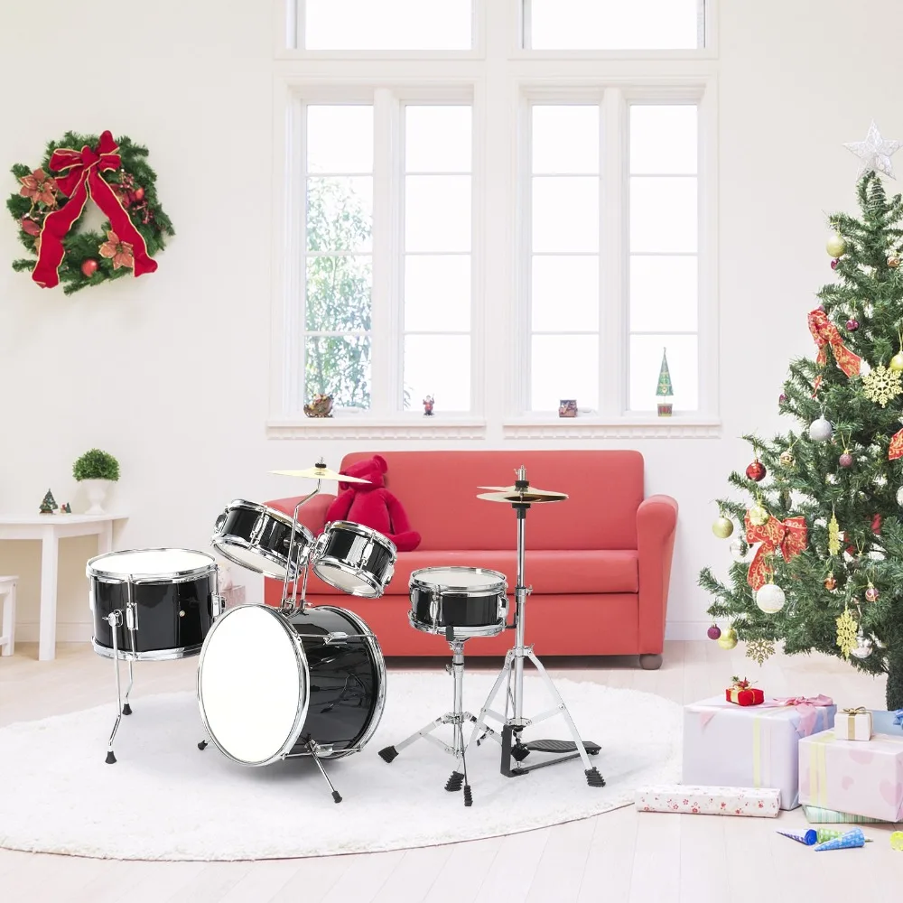 5-Piece Junior Drum Set, 14" x 10" Percussion Child Kit with Stool & Stands