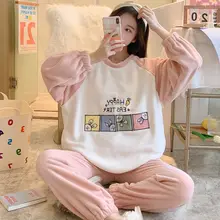 

Fashion Trend Sweet Pajamas Plus Velvet Thick Thick Warm Autumn and Winter New Color Matching Printing Home Clothes