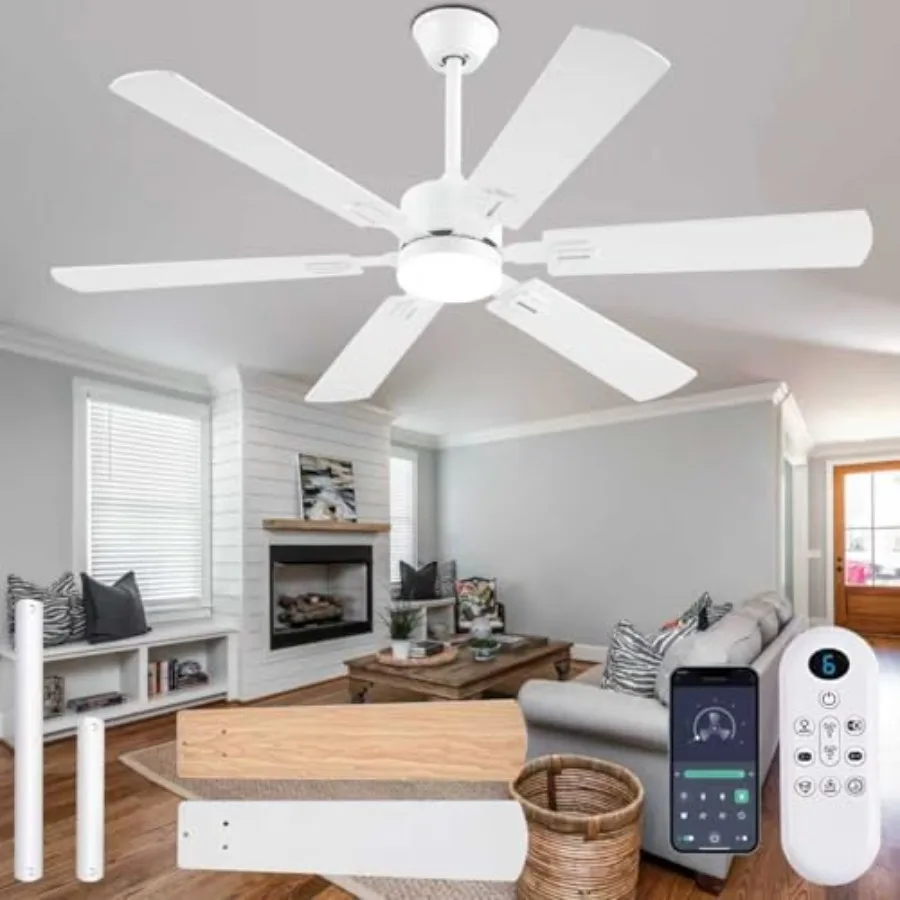 Modern White Ceiling Fans with Lights and Remote/App Control Dimmable LED Reversible DC Motor Noiseless 6 Double-Side Blade Low