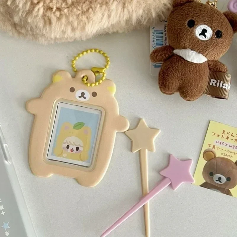 2 Inch Cute Korea Bear ID Card Holder Binder Mini Photo Display Korea Idol Cards Protective Sleeve Pendant Stationery