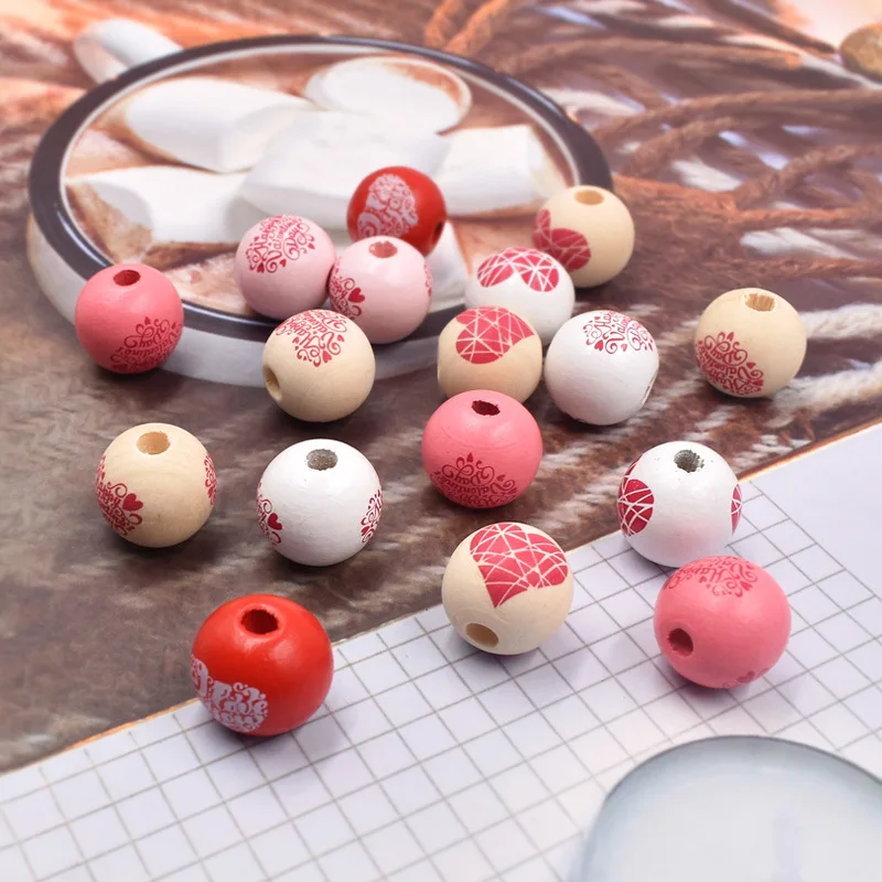 도매 16mm 라운드 DIY 사랑 영어 인쇄 나무 구슬 보석 액세서리 발렌타인 데이 사랑 장식 구슬 직조 바느질 DIY, 도매