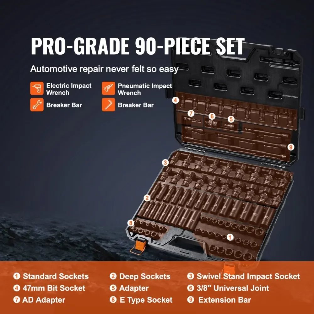 VEVOR 1/2" 3/8" Drive Impact Socket Set 13/23/33/34/48/65/90PCs SAE or Metric Cr-V/Cr-Mo Socket Set 6 Point Alloy Steel Repair 3
