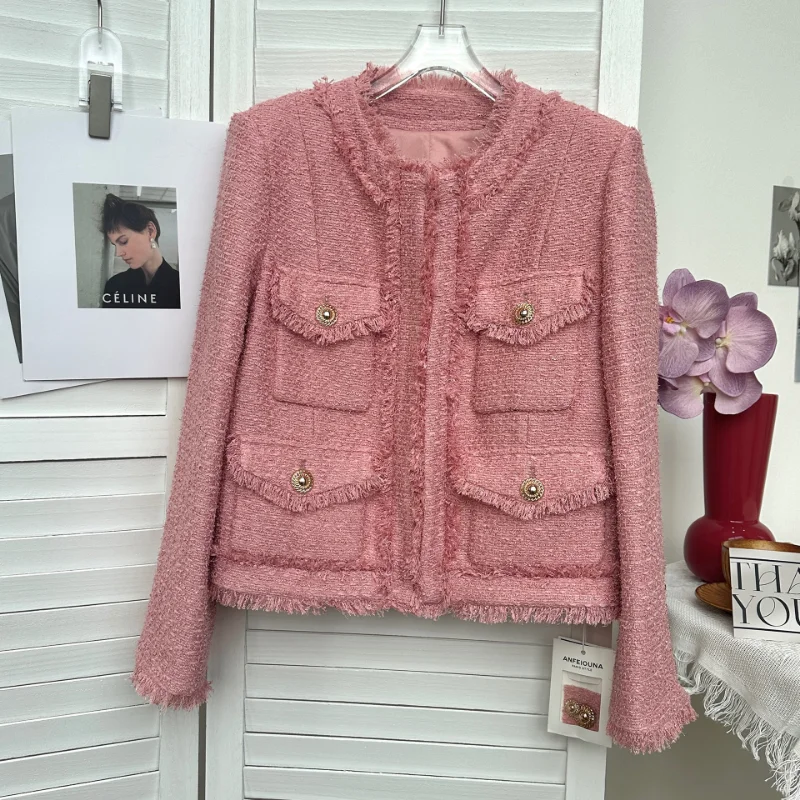 

Round Neck Tassel Pink Small Fragrance Casual Coat Fashion White Korea Chic Long Sleeve Wild French Tweed Short Jacket Women