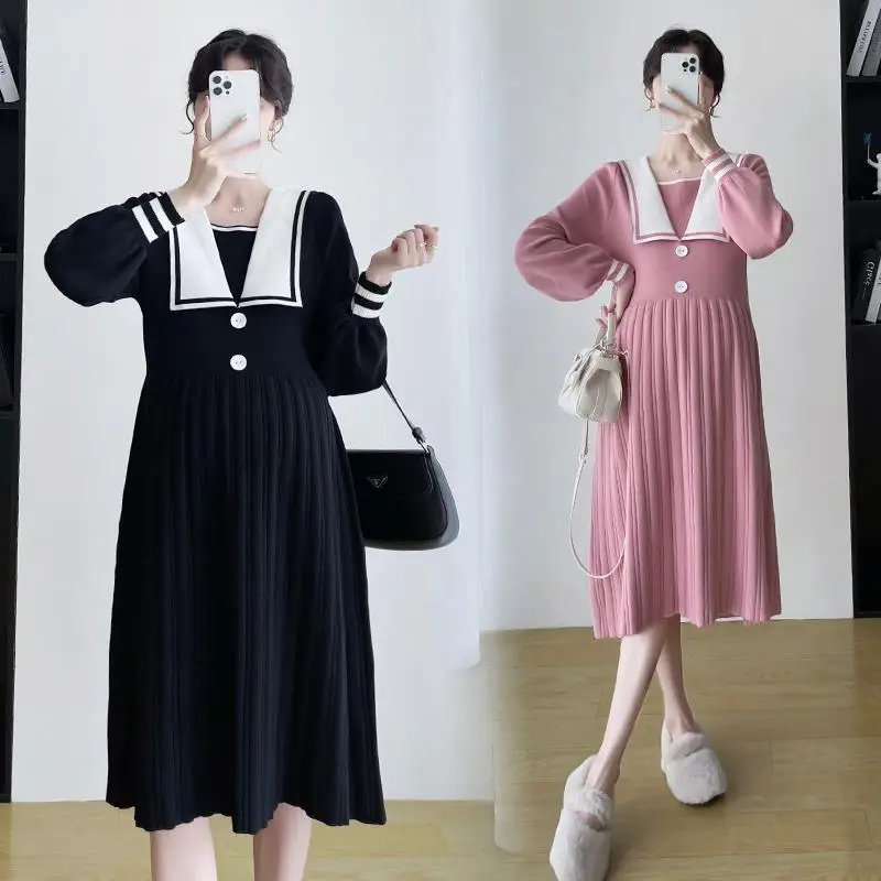 

Maternity Knit Dress Autumn Winter Fashion Sailor Collar Long Sleeve Patchwork A Line Pregnant Women Dress Clothes for Pregnancy