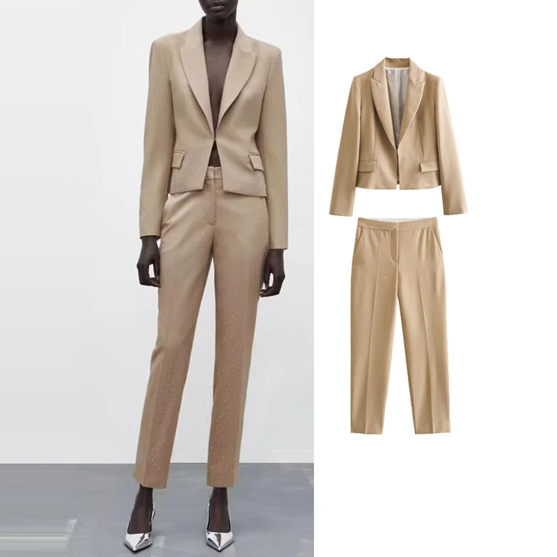 

TRAF 2023 Shiny Pants Sets Fashion Autumn Winter Two Piece Women Suit Office Blazer Set Woman 2 Pieces Womens Outfits