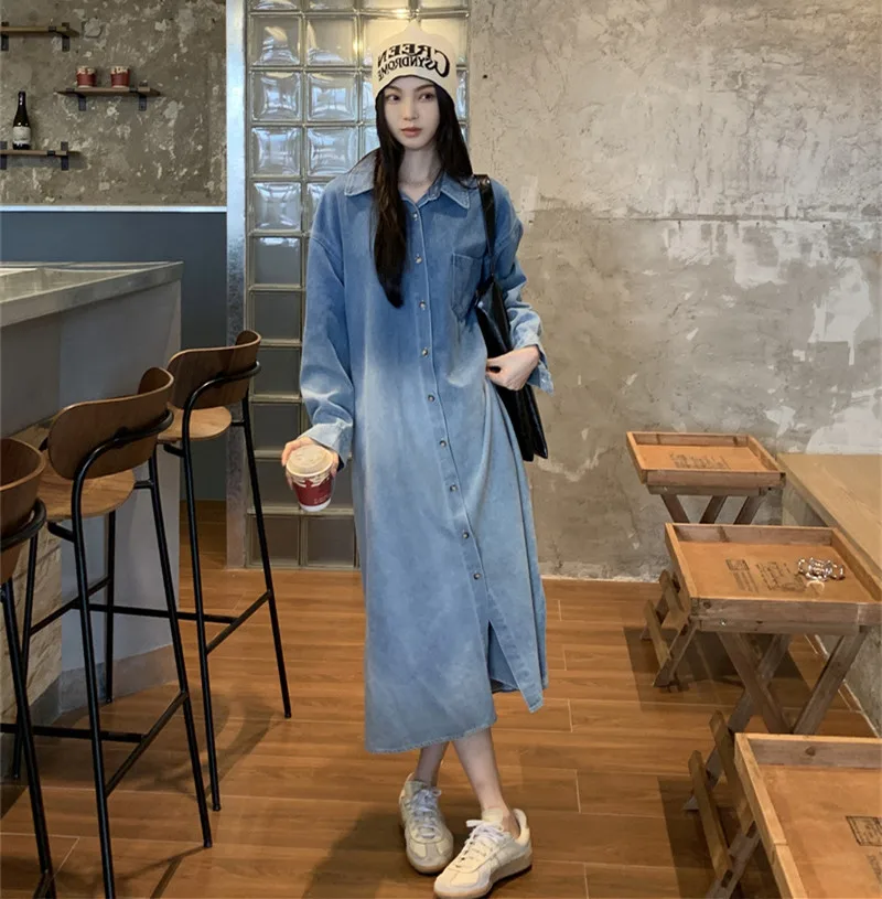 

Gradient Button Denim Shirt Dress Turn-turn Collar Madi Long Sleeve Vestido De Mujer Vintage Casual Spring Korean Femme Robe Big