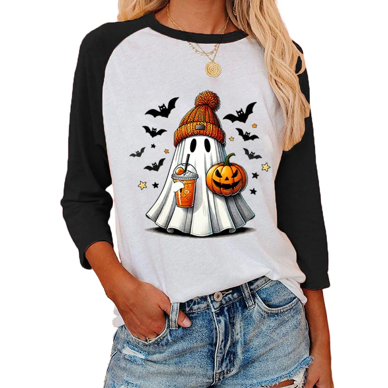 thumbnail image 1 of Camiseta de manga tres cuartos con estampado de feliz Halloween para mujer, blusa informal de cuello redondo, camisetas de fantasma de Halloween, 1 of 4