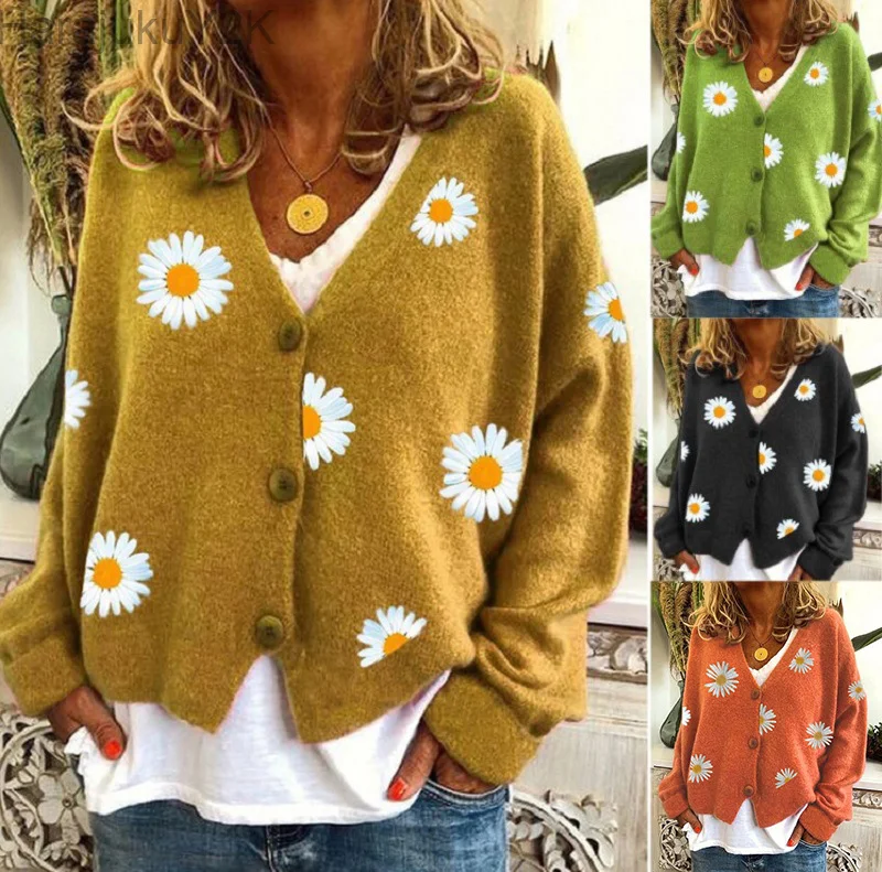 

Women Cardigan Daisy embroidery knitted sweater single breasted full sleeve v-neck autumn outwear green cardigan floral pattern