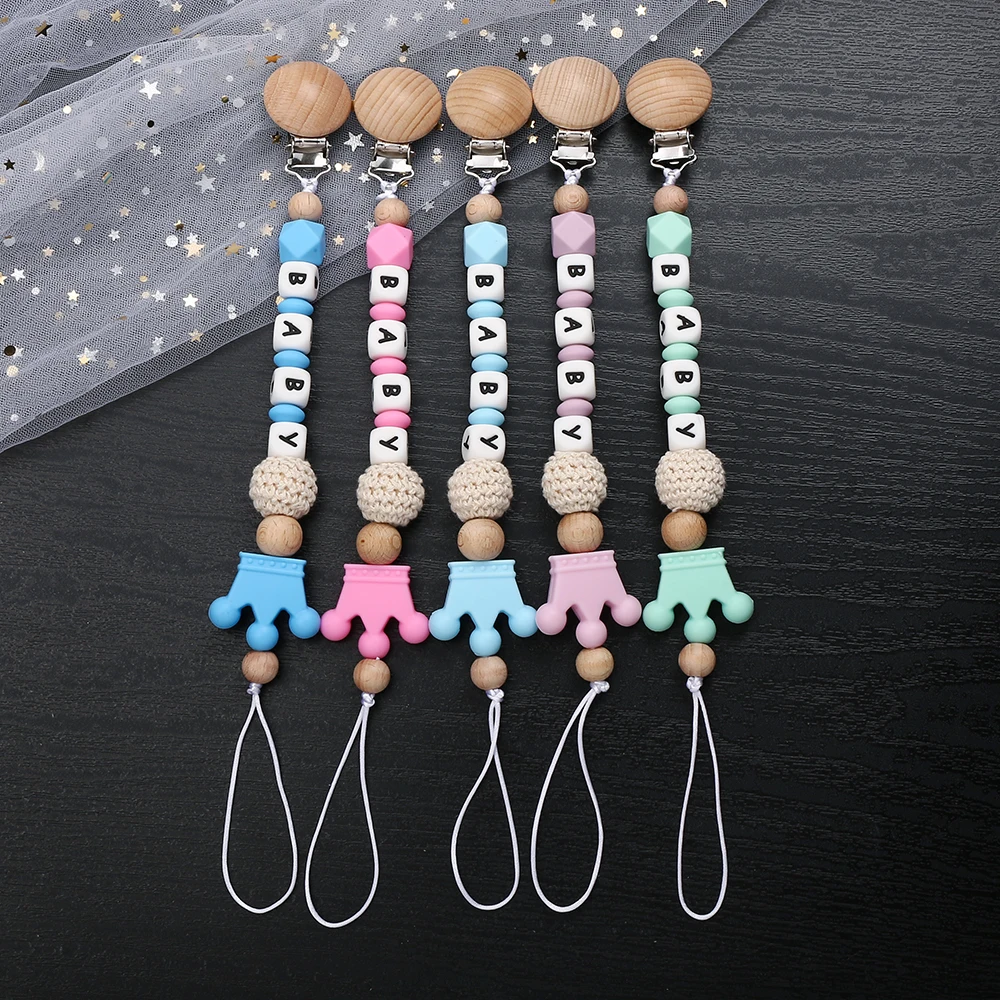 Personalized Name Baby Pacifier Clip Wood Soother Chew Teether Toys Dummy Safe Crown Silicone Teether Pacifier Chain Gift