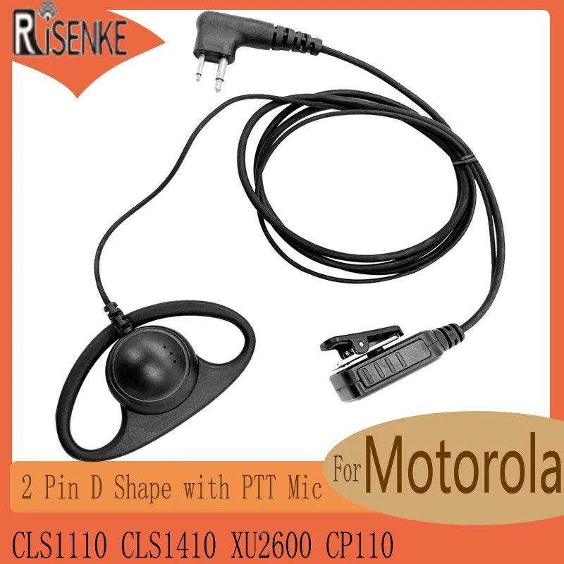 RISENKE D Shape Walkie Talkie Earpiece,Headset with PTT Mic,Compatible with Motorola CLS1110,CLS1410,XU2600,CP110,2 Pin