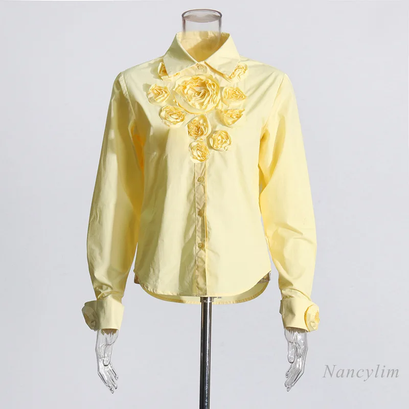 

Elegant Stitching Flower Decorative Yellow Shirt for Women 2024 New Elegant Lapel Casual Versatile Blouse Top Buttons Blusas