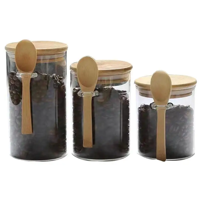 

Glass jar with wooden spoon Glass Jar Transparent Glass Containers with Bamboo Lids for Flour Brown Sugar and Loose Leaf Tea