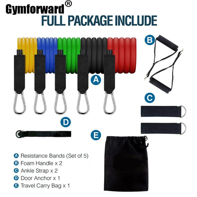 11 Pc Resistance Band Set Fitness Gym Equipment 5 Level Elastic Sport  Exercise Elastic Bands Home