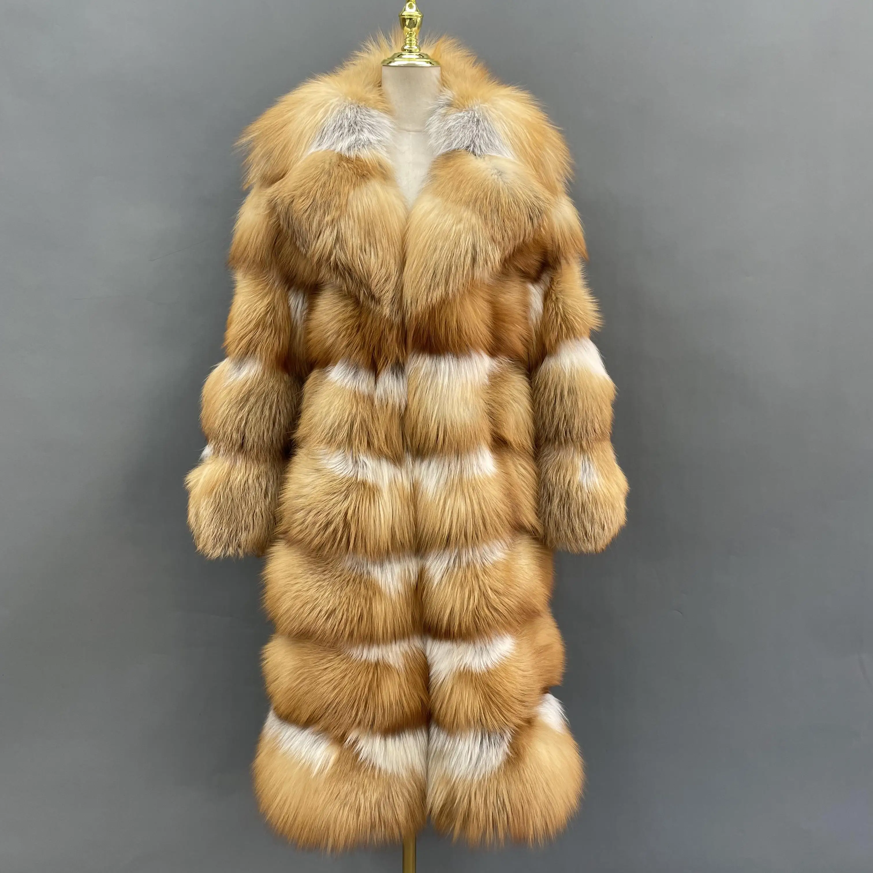 Winter Long Natural Red Fox Fur Big Fur Collar Beautiful Genuine Leather Coat