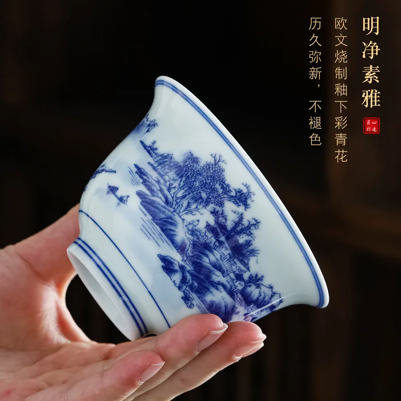 Chinese Retro Sancai Gaiwan Blue and White Tea Tureen Ceramic Teaware Tea Cup Set Handmade Porcelain Gongfu Bowl Cups
