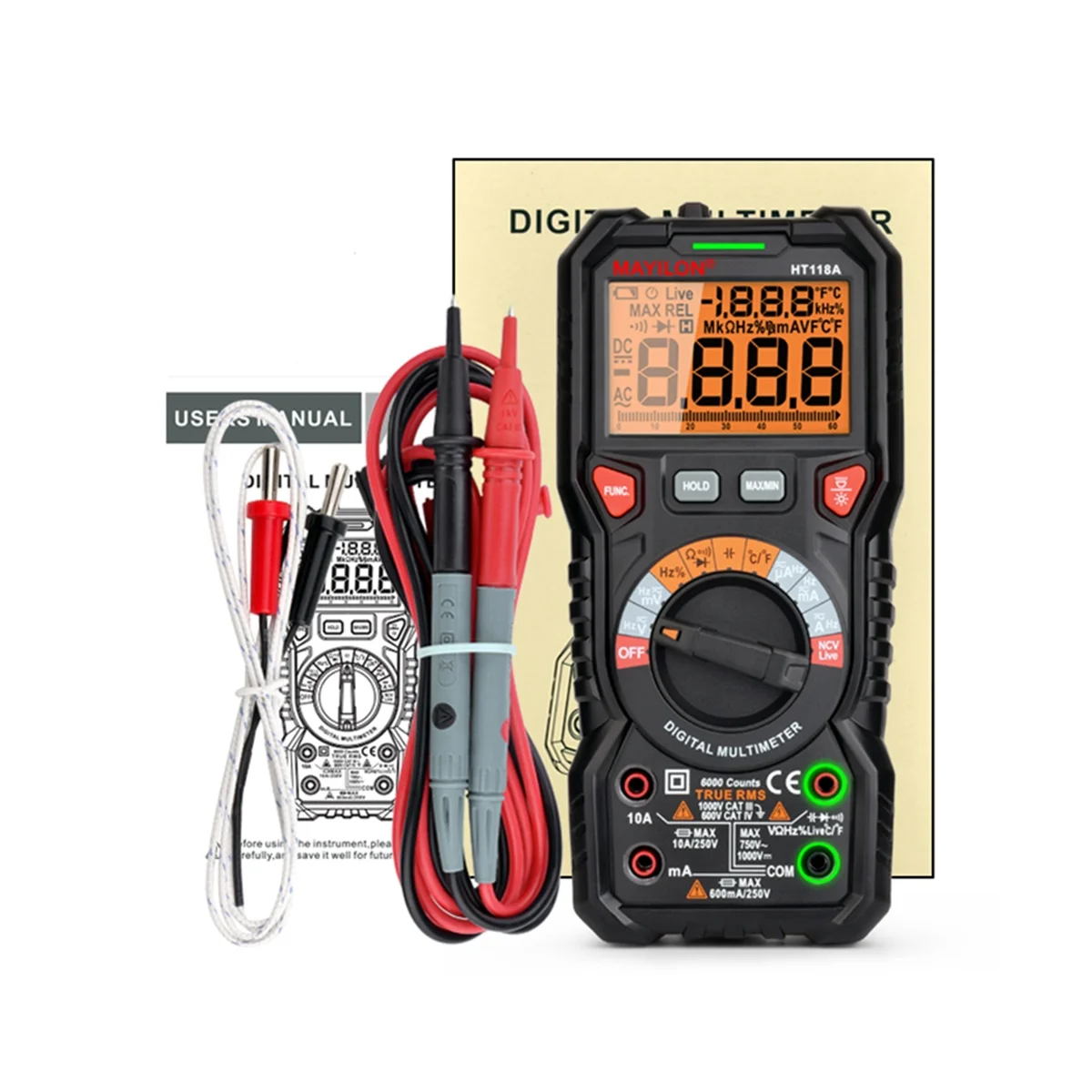 

HT118A NEW Digital Multimeter Ture RMS Auto Range Multimetro 1000V 10A AC DC Ohm Hz NCV Live Voltage Temperature Meter