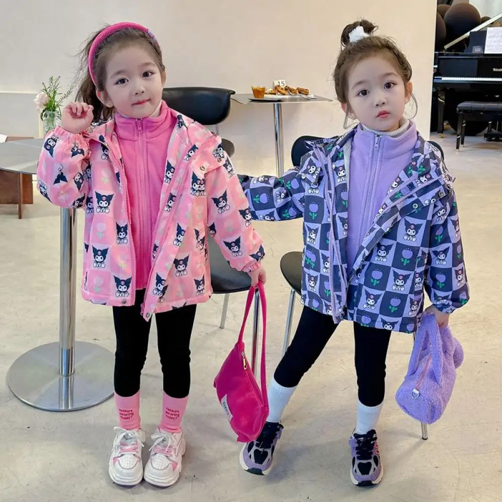 

Sanrio Kuromi Girls Outdoor Sport Jacket Cartoon Anime Keep Warm Coat Autumn Winter Kids Fleece Zipper Outwear Children Clothing