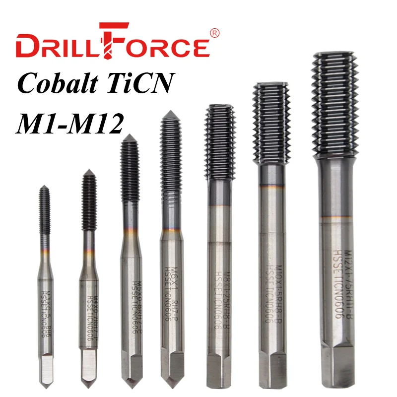Drillforce Kobalt Schraube Gewinde Tippen Bohrer Bildet Flöte Metric M1-M12 TICN Beschichtet Maschine Werkzeuge Für Edelstahl