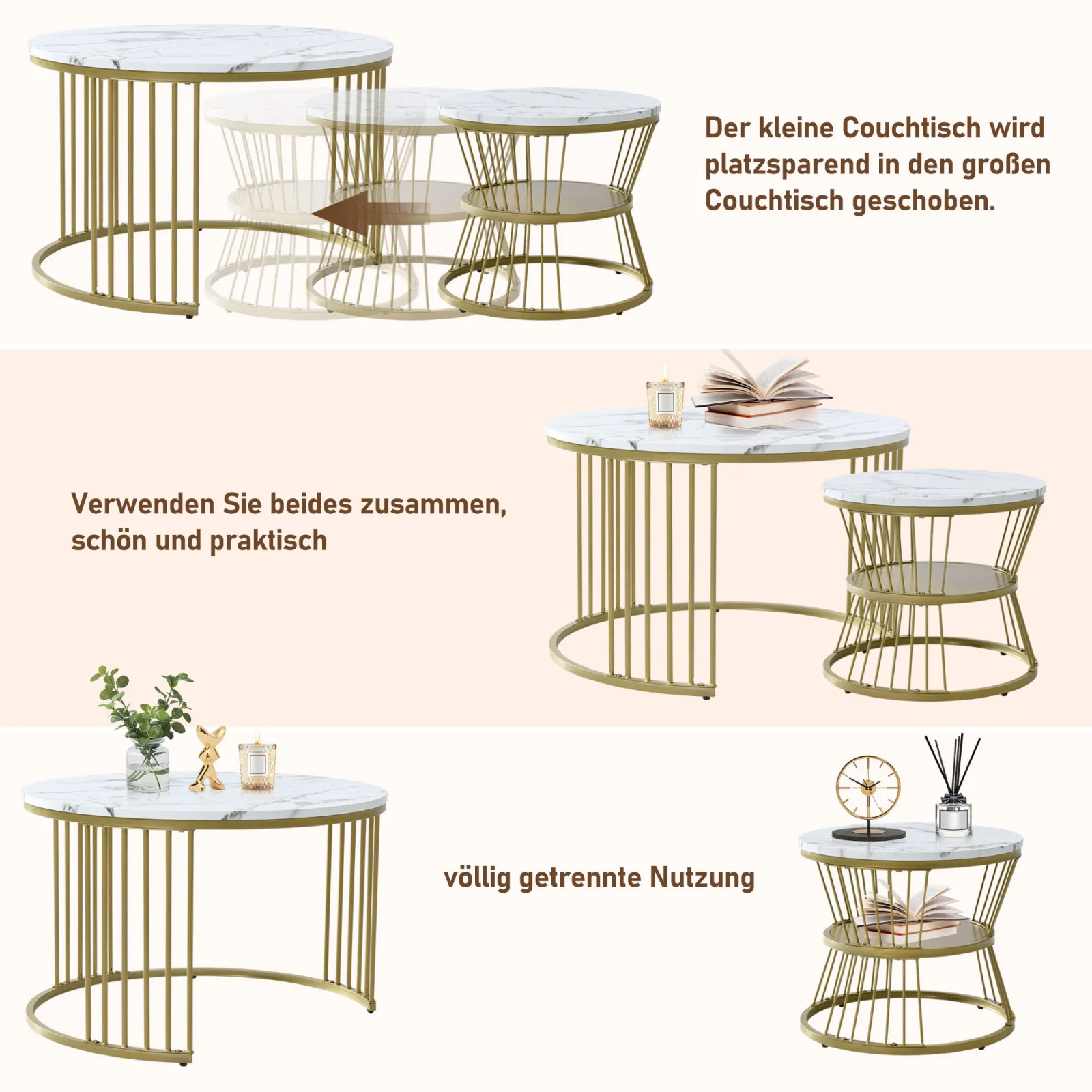 Rosahqnda 2-teiliges Set Moderne Couchtische mit Stauraum, Couchtisch-Set mit Marmorfurnier Sofa Beistelltisch Round Beistelltisch – Detail 4