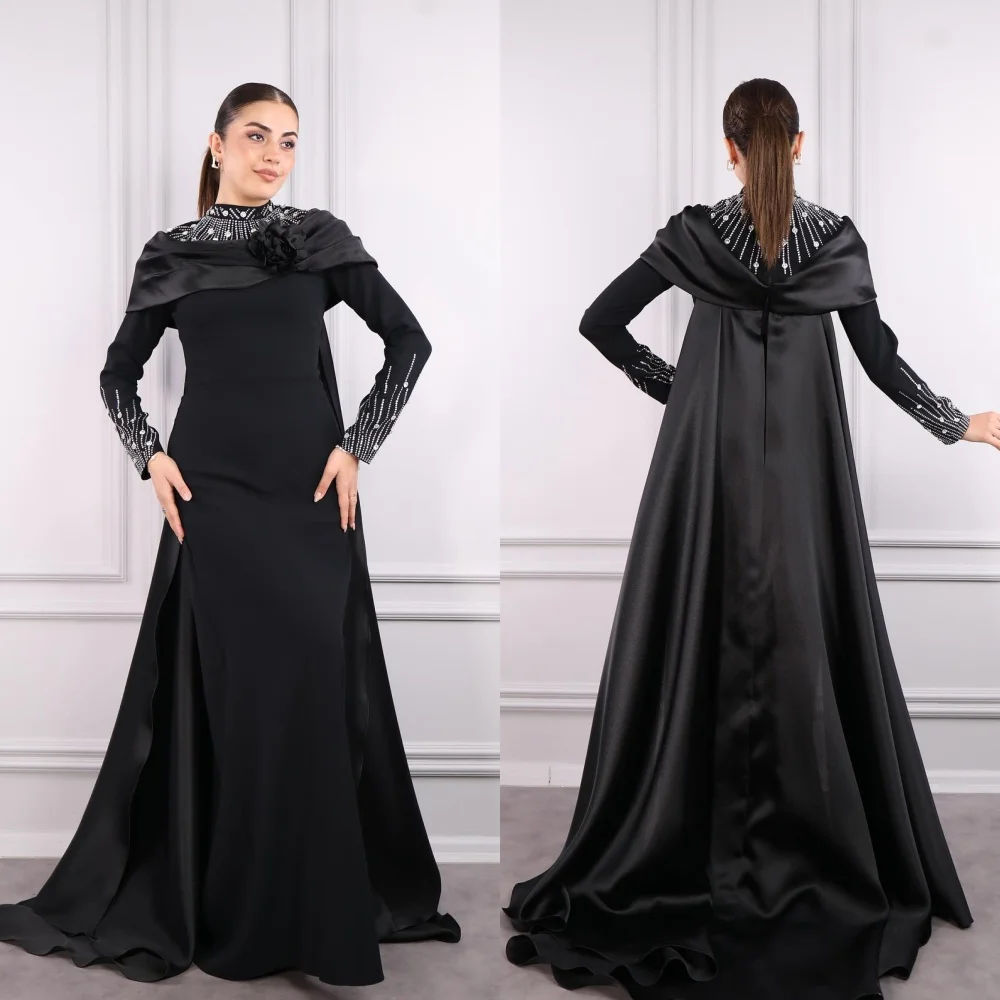 

Jersey Flower Beading Draped Valentine's Day Sheath High Collar Bespoke Occasion Gown Long Dresses