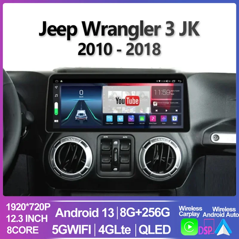 

For Jeep Wrangler 3 JK 2010 - 2018 12.3INCH QLED Screen Car Android 13 System GPS Multimedia Player Carplay Din Car Radio L/RHD