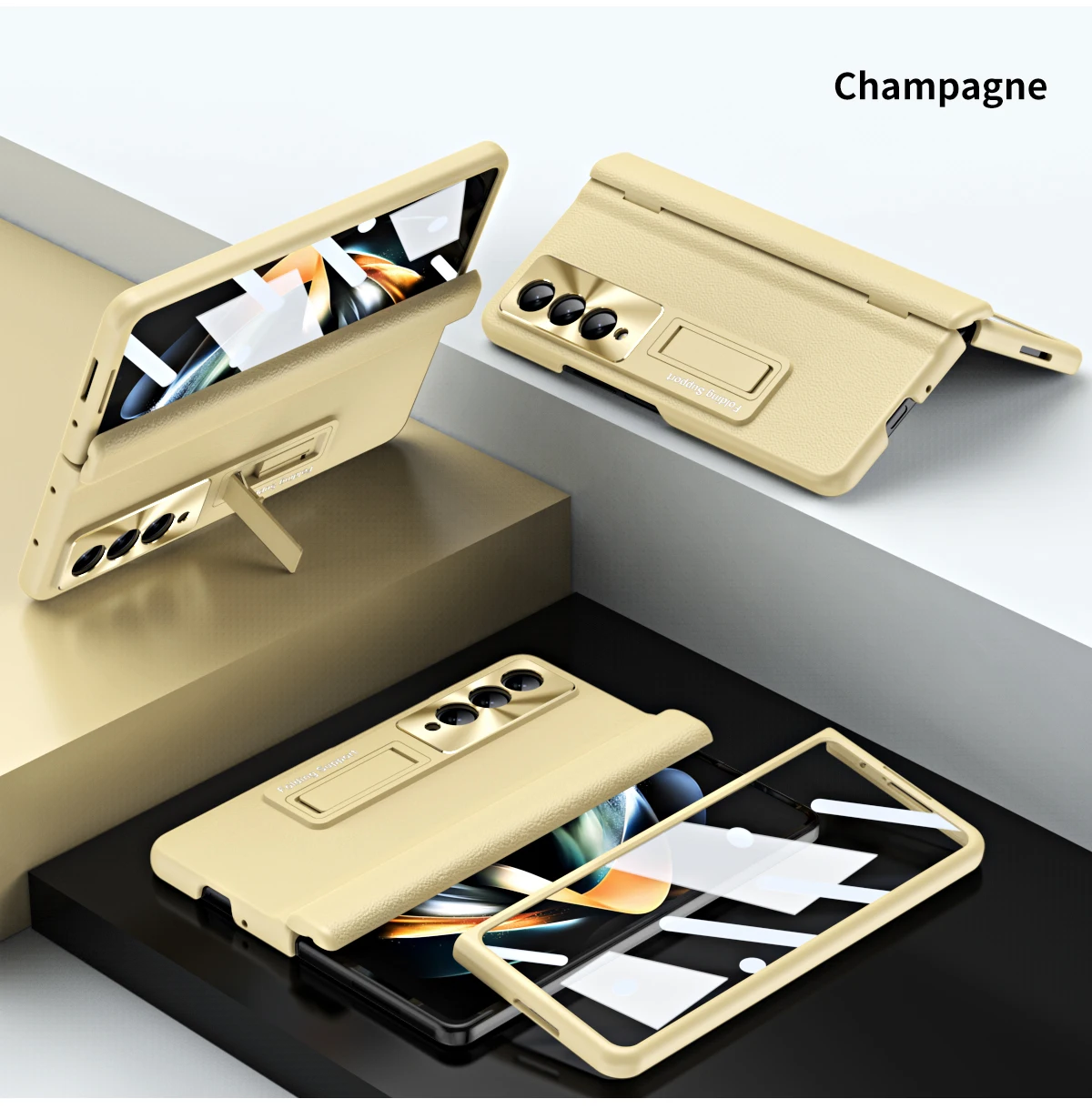 For Samsung Galaxy Z Fold 4 3 Case Shell Membrane Integrated Plain Leather Bracket Folding Hinge All-inclusive Shockproof Cover