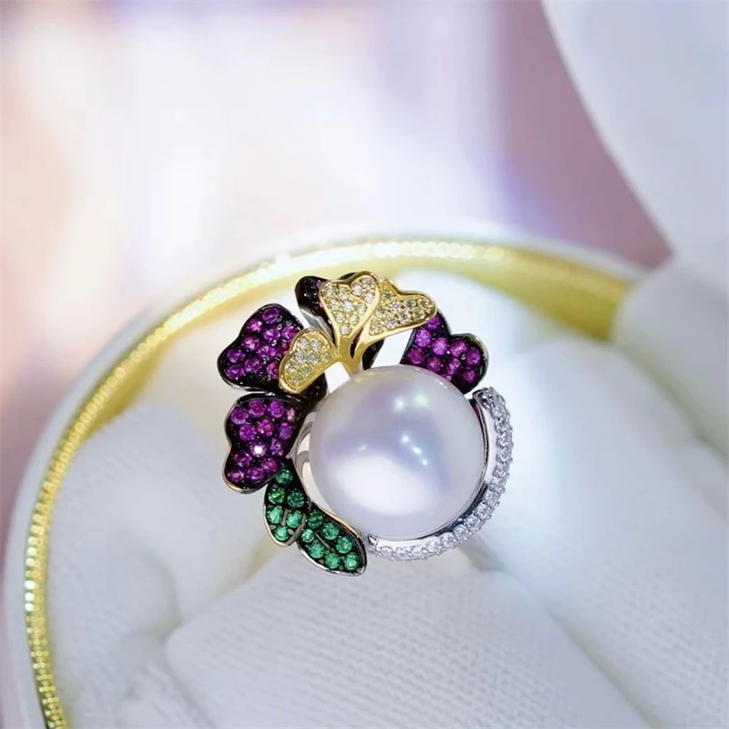 

MeiBaPJ 11-12mm Big Natural White Semiround Pearl Fashion Flower Ring 925 Sterling Silver Fine Wedding Jewelry for Women