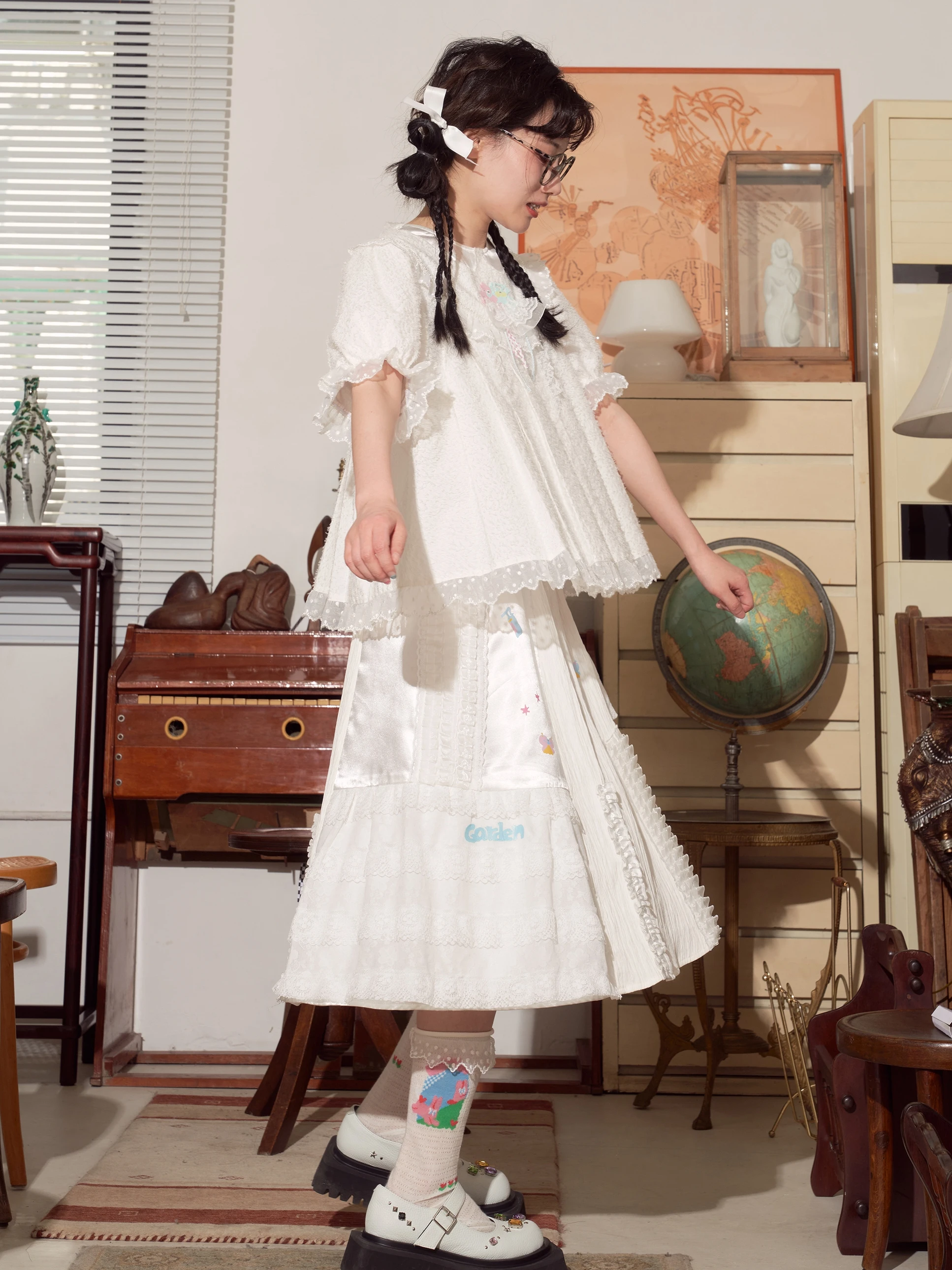 Girly Sweet Y2k Printed Lace Stiching Short Skirts Summer New Fashion Casual Elegant White Skirt Women Loose Slim Kawaii Dress