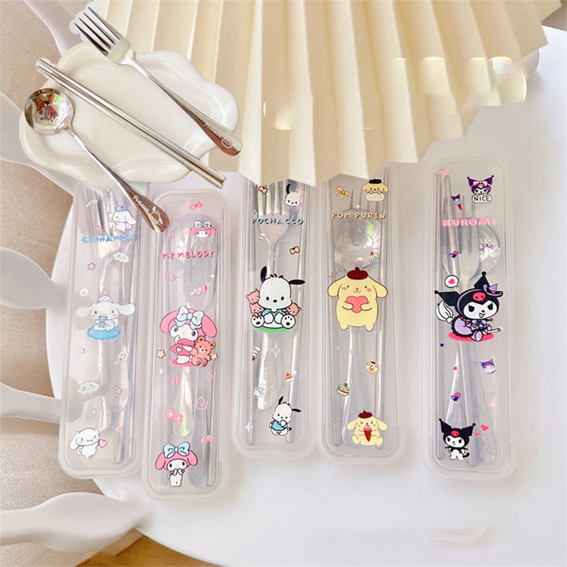 

Sanrio Kuromi Cinnamoroll Kawaii Stainless Steel Tableware 3-Piece My Melody Spoon Fork Chopsticks Set Portable Girls Toys