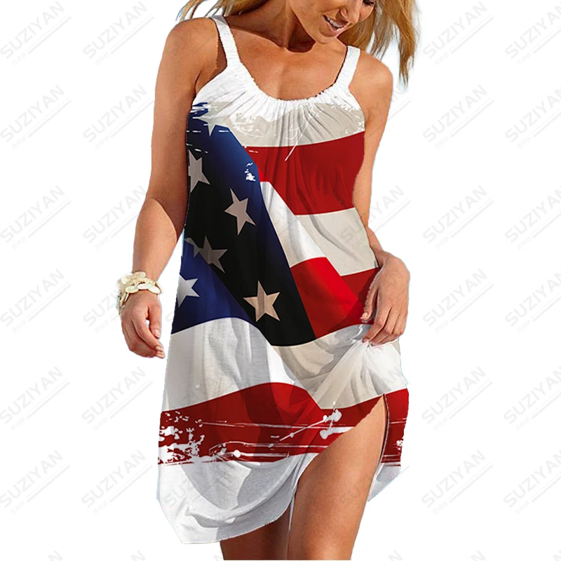 

American Flag Print Dress Summer Dress Fashion Casual Sleeveless Dress Female Daily Loose Dress Soft and Comfortable Dress