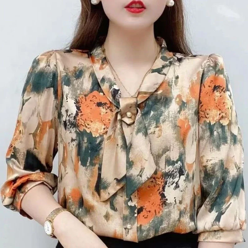 

Women's Spring/Summer Style Chiffon Shirt Women's Casual Half Sleeve Bow Neck Printed Mom's Large Shirt Top Womens Tops 2023