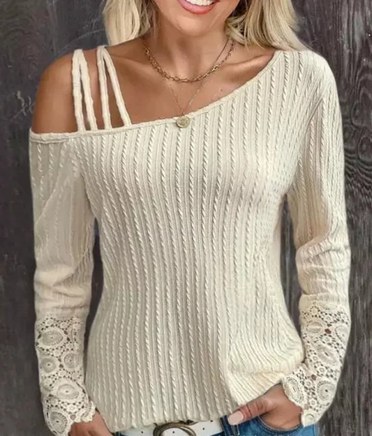 

Cold Shoulder Wired Texture Top 2023 New Women's Wear Hot Selling Casual Fashion Wear Diagonal Neck Long Sleeve