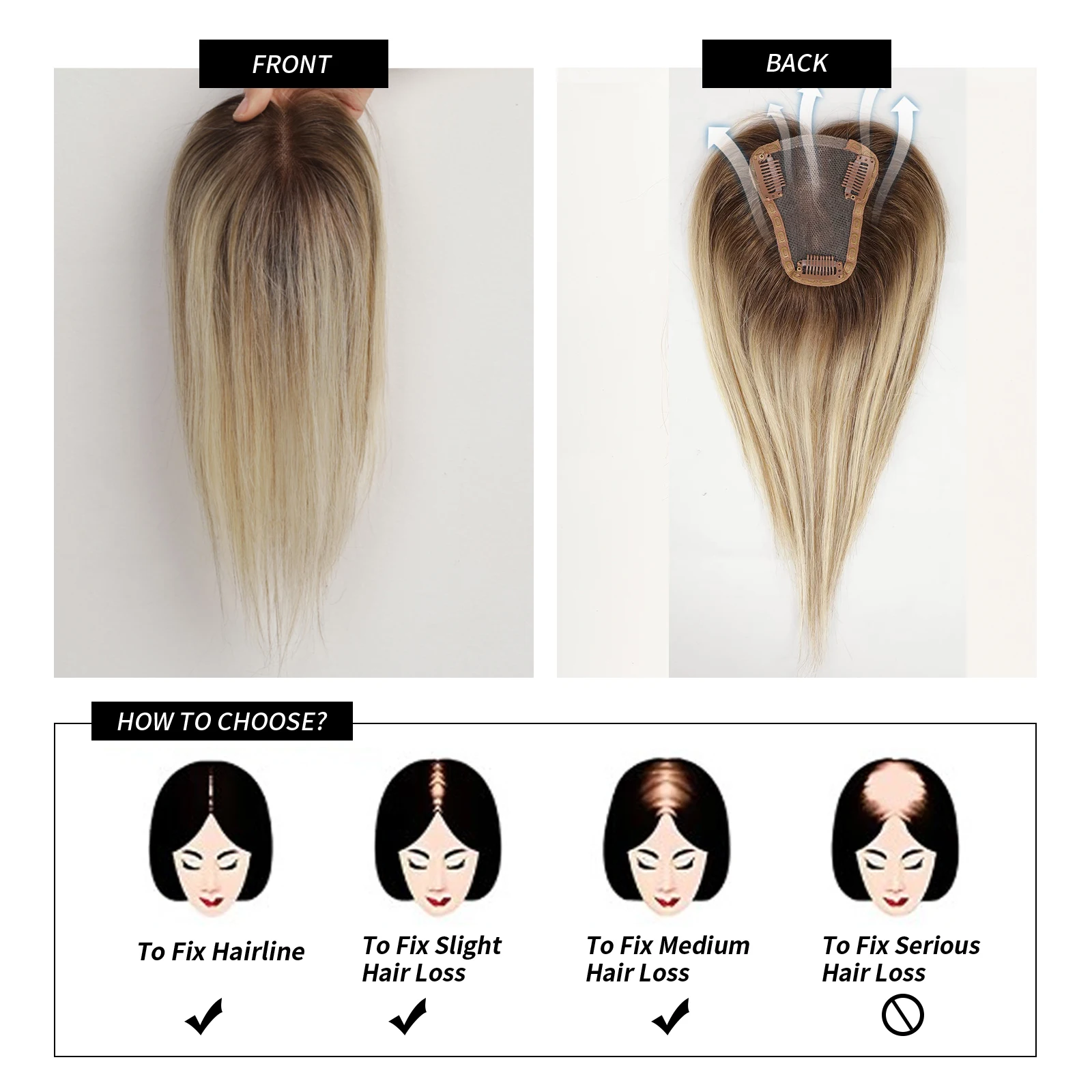 100% Remy Human Hair Toppers Ombre Light Brown Blonde Middle Part Human Hair Pieces for Women with Thinning Clip in Toppers