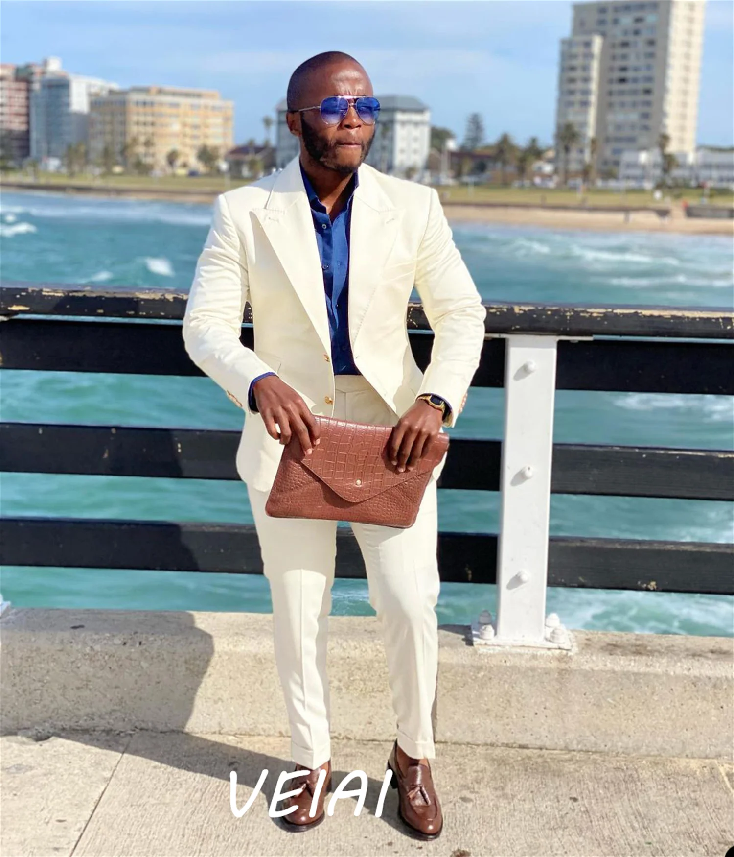 

African Ivory Suits for Men 2 Pieces Peak Lapel Single Breasted Wedding Groom Tuxedos Suit Costume Homme Coat Pant