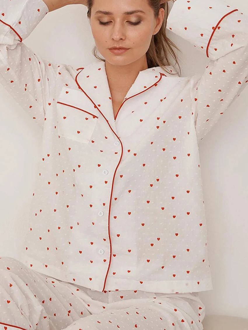 Marthaqiqi Printing Female Pajama Suit Sexy Turn-Down Collar Sleepwear Long Sleeve Pyjamas Pants Cotton Casual Women Nightie Set