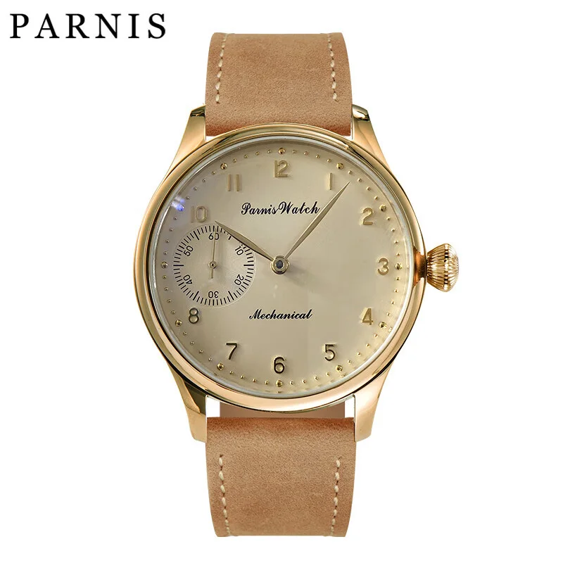 

New Arrival Parnis 44mm Gold Case Mechanical Hand Wind Men's Watches Leather Strap Hand Winding Men Luxury Watch reloj hombre