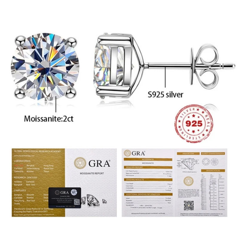 2Carat Moissanite Earrings S925 Pure Silver For Women Color D Clarity VVS1 By A Diamond Tester Free GRA Certificate Verification