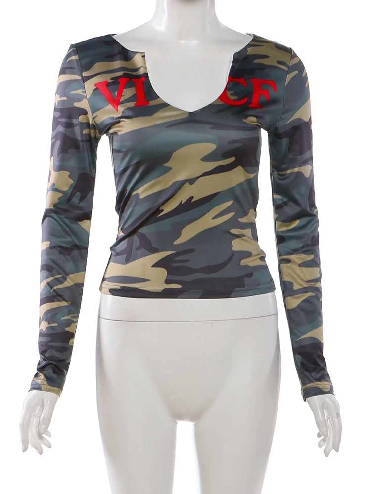 Women Camouflage Print T Shirt Full Sleeve Stretch Clubwear