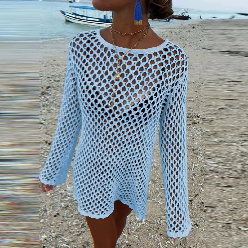 Seaside Hollow Out One Piece Vacation Covers Summer Solid knitted Fish Mesh Pullover Tops Long Sleeve White Full Dresses swimsuit cover up swimsuit coverup fishnet cover up