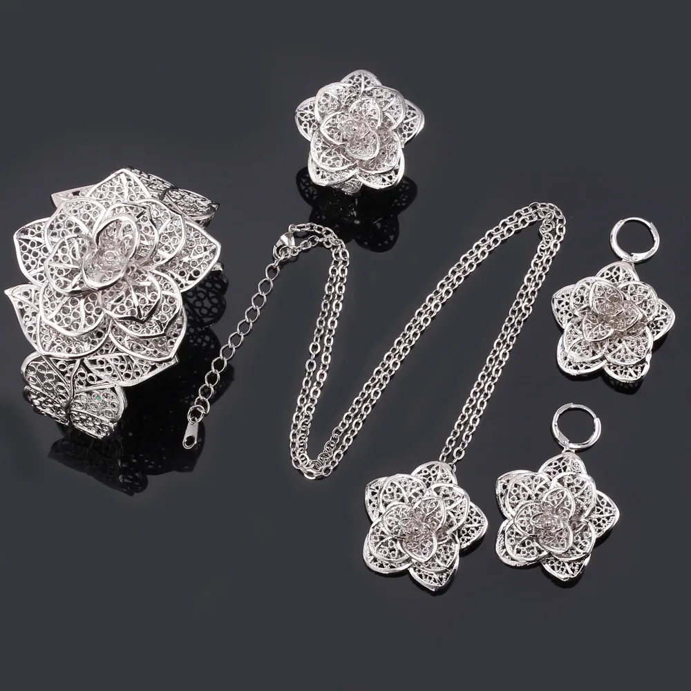 U7 Hollow Out petals 3D Flower Jewelry Set for Woman Dangle Earring Ring Necklace 3pcs/set Party Anniversary Jewelry