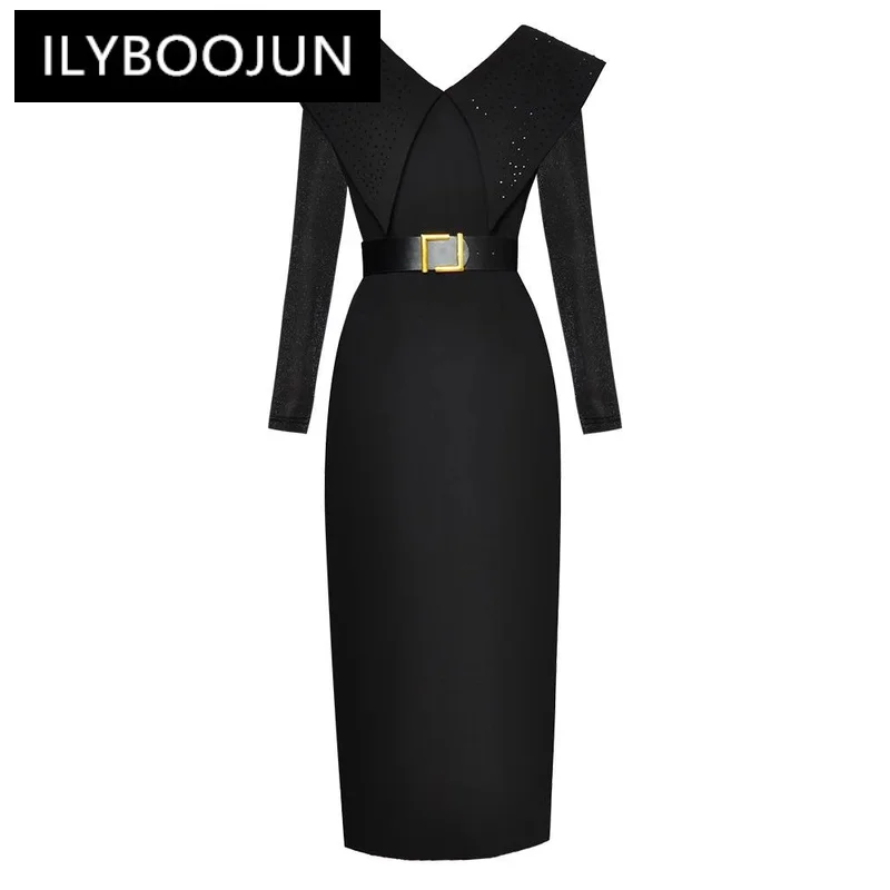 

Модное дизайнерское осеннее платье-карандаш ILYBOOJUN, женское черное офисное платье с V-образным вырезом, длинным рукавом и поясом с кристаллами