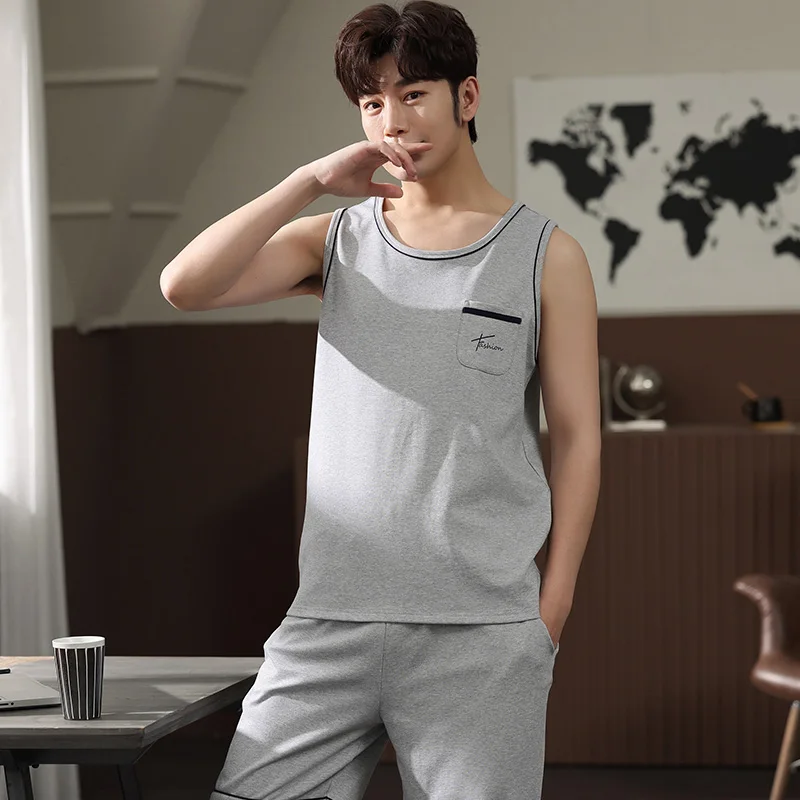 mens cotton pyjamas Boy Male Vest Pants Modal Pajamas Sleeveless Vest Pant Casual Pyjamas Undershirt Sleepwear Nightwear ElasticWaist Man's Jams HDE men's cotton pyjamas