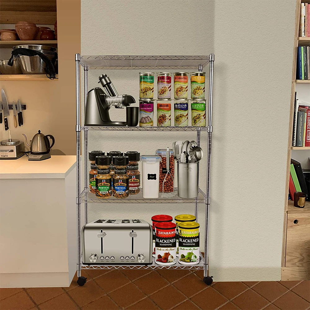 

Chrome Simple Deluxe 4-Tier Heavy Duty Storage Shelving Unit Height Adjustable Shelf with Wheels 35.43" D x 17.72" W x 65.35" H