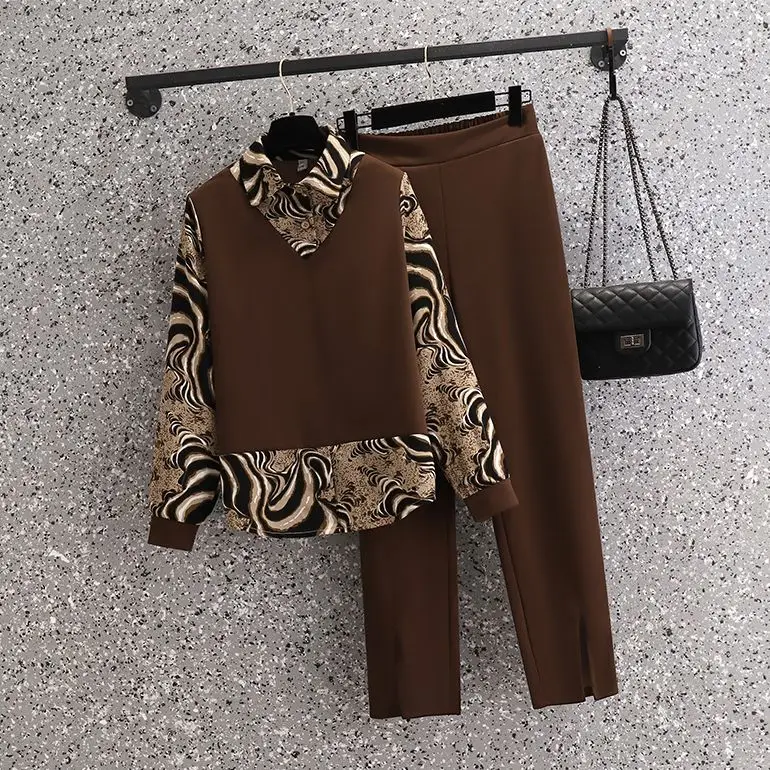 Vintage Water Wave Print Patchwork Chiffon Shirt Tops Casual Pants Two-piece Elegant Women's Pants Set Office Outfits Clothing