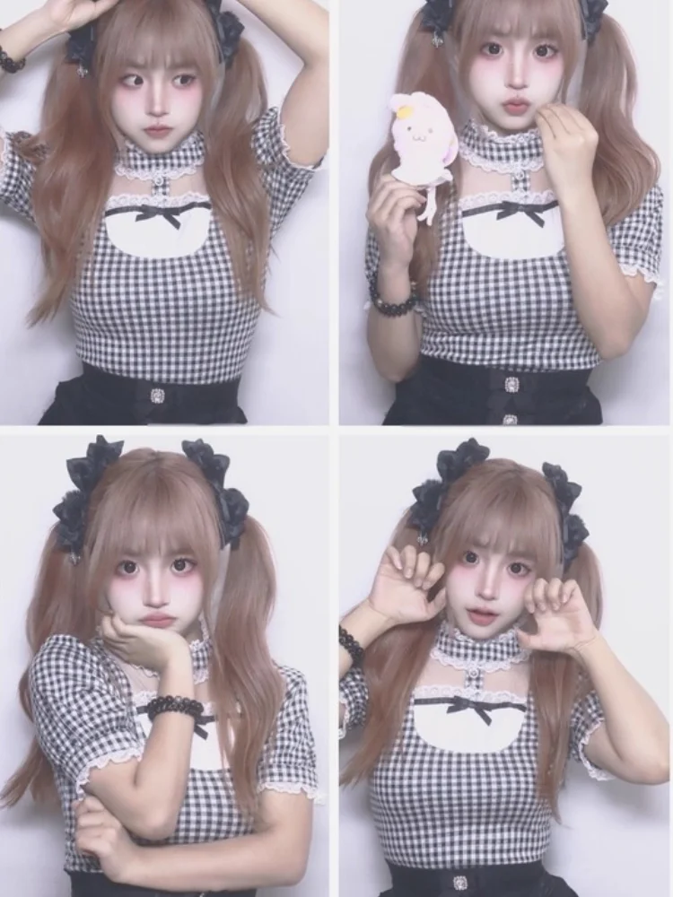 여름 일본 로리타 스위트 스타일 셔츠 여성 Y2k 레이스 프릴 디자인 하라주쿠 블라우스 여성 격자 무늬 세련된 한국 인기 의류 - AliExpress