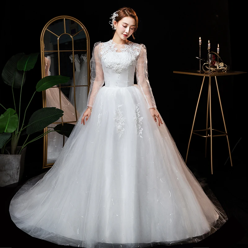 

Lace Applique Wedding Dresses With Illusion Long Sleeve Classic O-neck Vestidos De Novia Elegant Tulle Sukienka Na Wesele
