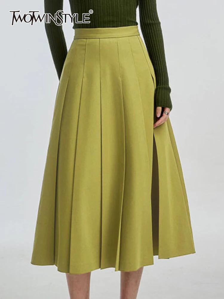 

TWOTWINSTYLE Patchwork Pleated Skirts For Women High Waist Loose Solid Casual Minimalist A Line Skirt Female Fashion Clothing