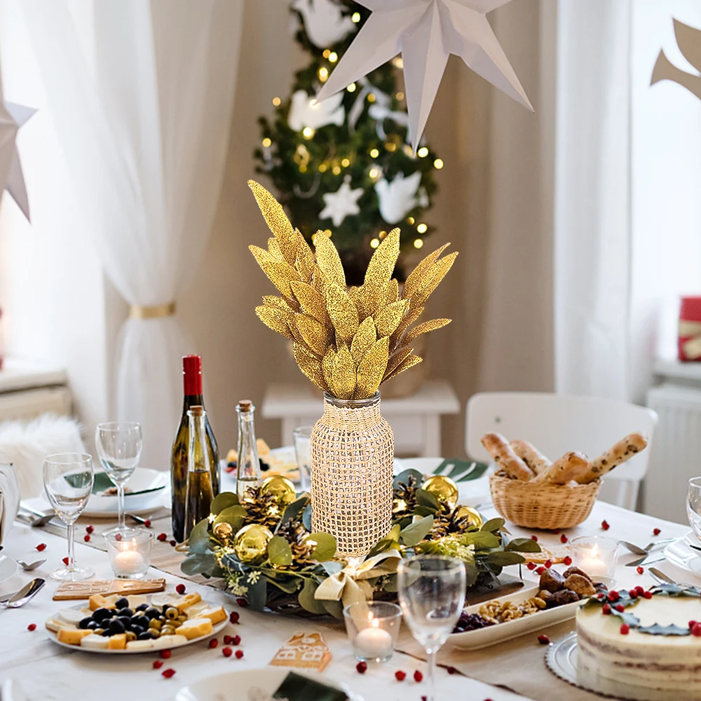 Glitter Gold Silver Leaves Christmas Tree Decoration Artificial Plants Leaves New Year Gift Christmas Party Decoration 10/1Pcs