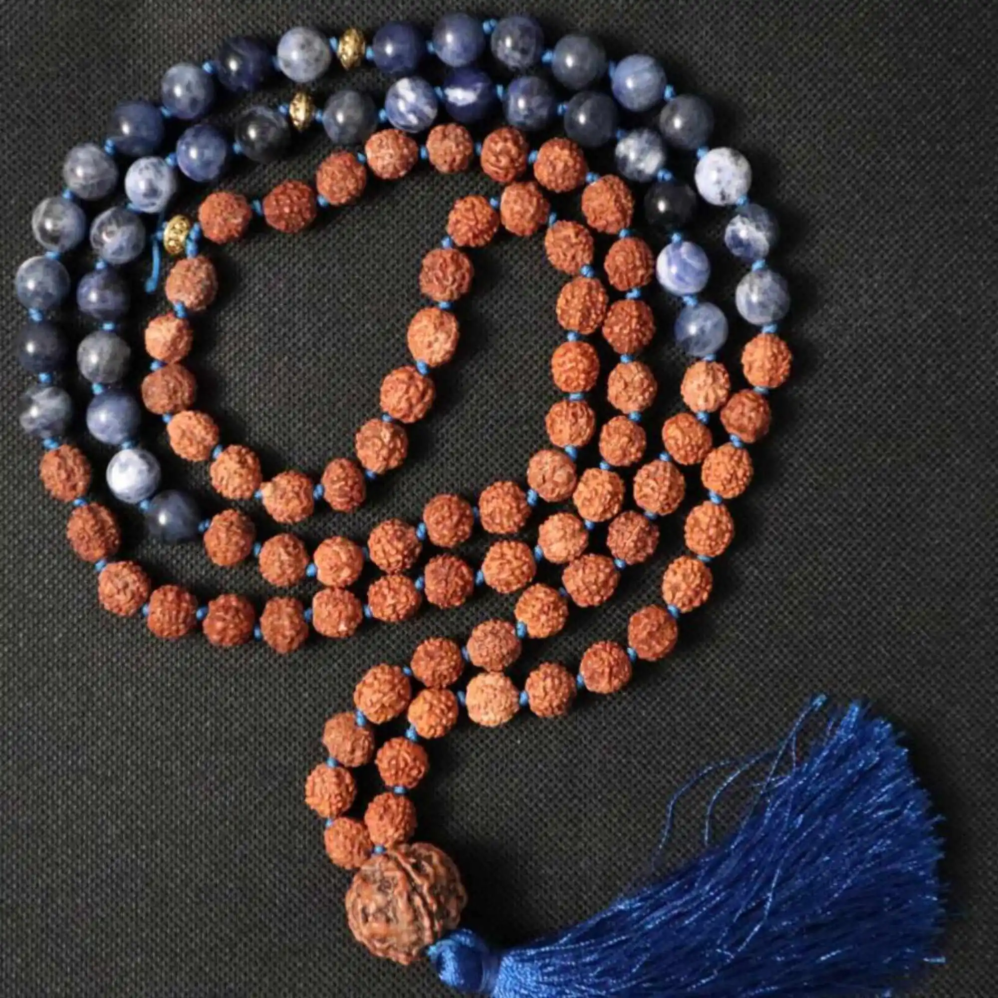 8mm brown Rudraksha blue Sodalite Mala yoga beads 108 knot Necklace Glowing Mental Classic Calming Handmade Wrist Meditation